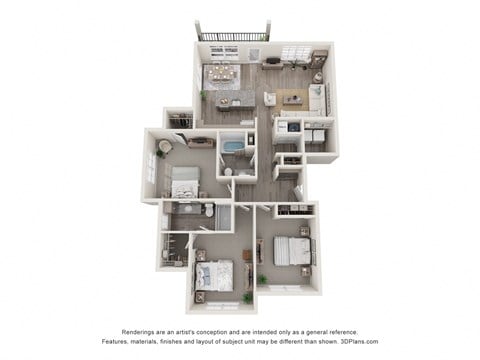 Floor plan for 3 beds, 2 baths, 1411 sqft